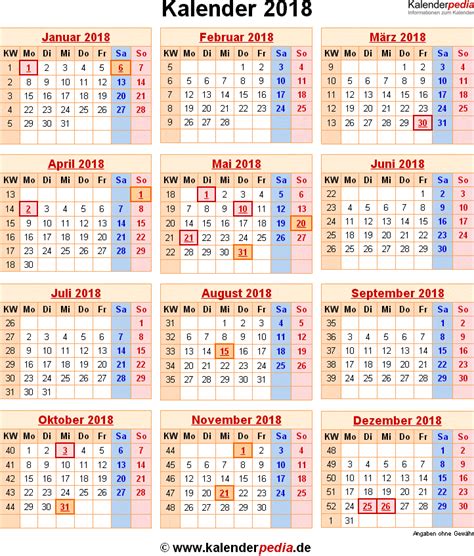 Kalender 2018 mit Excel/PDF/Word.